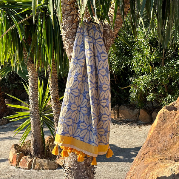Hamamdoek Daisy Yellow - Dark Blue