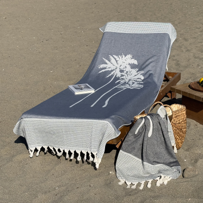 Beachbed Cover Three Palms Navy Blue